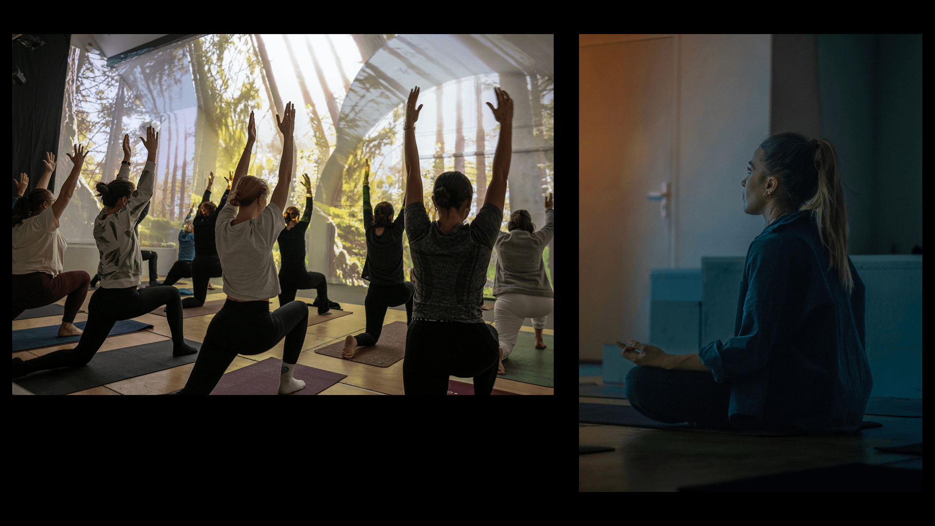 A few people following a yoga course.