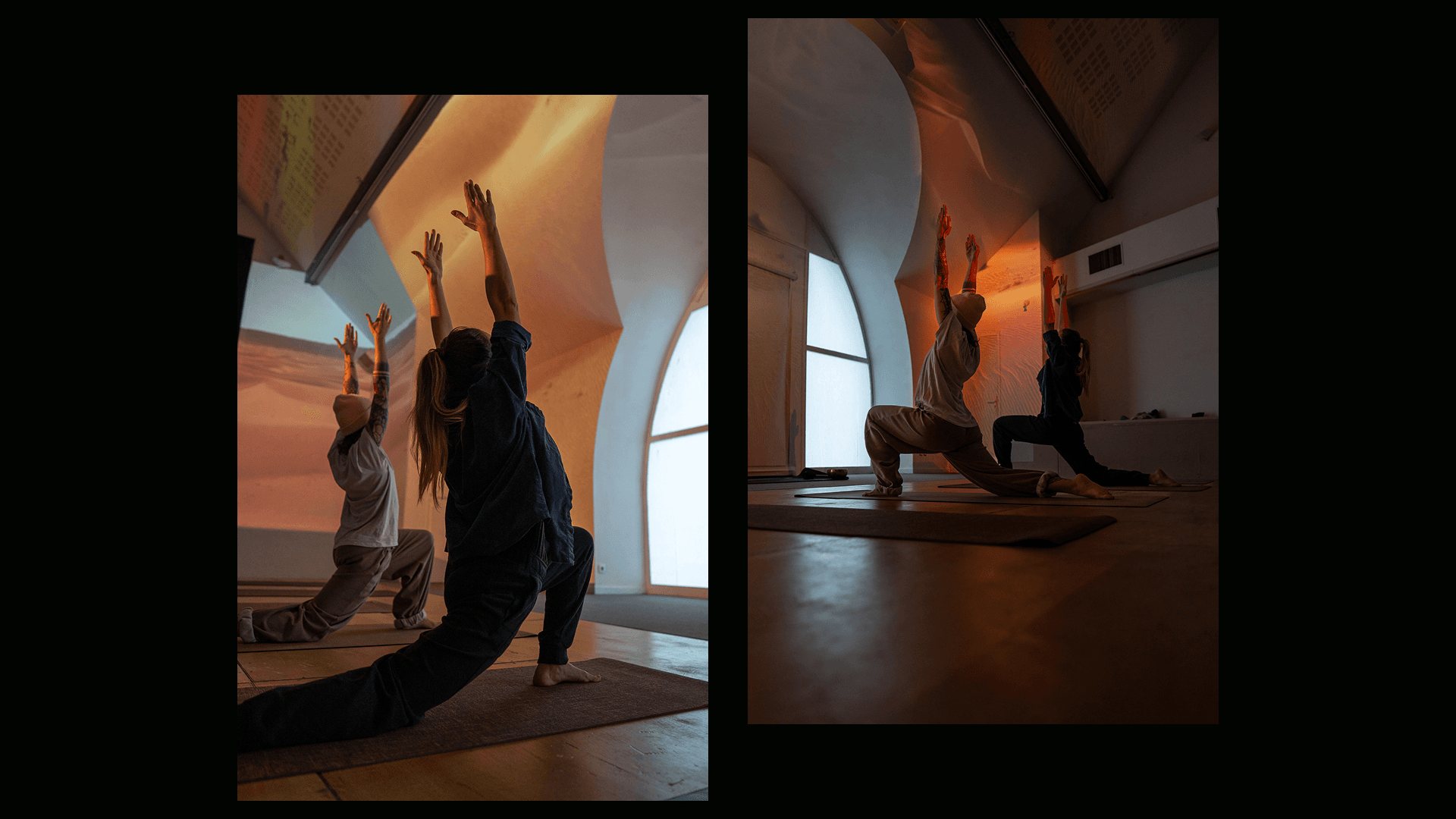 Two women in a yoga position.